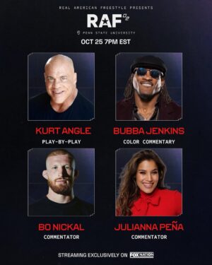 Julianna Peña Instagram - Meet the voices of RAF02 🔊
Olympic champions. World-class fighters. Wrestling legends.
Kurt Angle, Bubba Jenkins, Bo Nickal and Julianna Peña are mic’d up for RAF02 on October 25.
Follow the action live on @foxnation