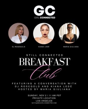 Kiana Ledé Instagram - LA — we’re back!

The Still Connected Breakfast Club returns with a special edition celebrating Rosegold University: Sorority the upcoming all-female album from @djrosegold .

Following its August launch, the series continues to spotlight connection, collaboration, and community. This edition follows the Sorority House Writing Camp, a partnership between Rosegold University and Alo Yoga, where a handpicked group of rising women artists including artists like Savannah Ré, Dreezy, and featured speaker @kianalede came together to create music for the Sorority album.

Hosted by @beingmariamaria , the morning features an intimate conversation with DJ Rosegold and Kiana Ledé on music, creativity, and the independent artist journey celebrating the women shaping the sound of today and tomorrow. Complimentary coffee and welcome mimosas will be served!

Sunday, November 2nd
11:00 AM – 1:00 PM 
📍 Los Angeles, CA

 Link in bio to RSVP. Limited spots available.
