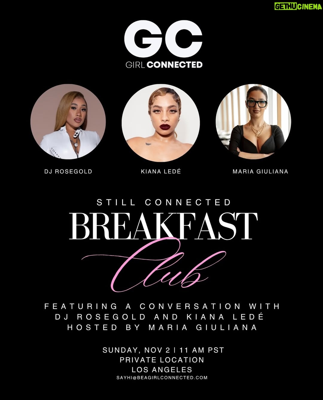 Kiana Ledé - 457 Likes - LA — we’re back!

The Still Connected Breakfast Club returns with a special edition celebrating Rosegold University: Sorority the upcoming all-female album from @djrosegold .

Following its August launch, the series continues to spotlight connection, collaboration, and community. This edition follows the Sorority House Writing Camp, a partnership between Rosegold University and Alo Yoga, where a handpicked group of rising women artists including artists like Savannah Ré, Dreezy, and featured speaker @kianalede came together to create music for the Sorority album.

Hosted by @beingmariamaria , the morning features an intimate conversation with DJ Rosegold and Kiana Ledé on music, creativity, and the independent artist journey celebrating the women shaping the sound of today and tomorrow. Complimentary coffee and welcome mimosas will be served!

Sunday, November 2nd
11:00 AM – 1:00 PM 
📍 Los Angeles, CA

 Link in bio to RSVP. Limited spots available.