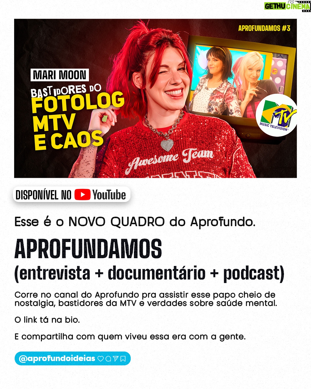 MariMoon - 3.3K Likes - 🌟 Antes das redes sociais, do YouTube e do Instagram… já existia @marimoon.

Ela foi a primeira digital influencer do Brasil, quando isso nem tinha nome ainda.

Rainha da MTV, ícone alternativo, inspiração pra toda uma geração.
Mas por trás do cabelo colorido e da pose confiante, existia uma jovem enfrentando ansiedade, burnout e o colapso da emissora que a lançou.

Hoje, ela abre o jogo no Aprofundamos e essa conversa é tudo que você precisava ouvir.

🚨 Assista agora no YouTube. Link na bio.

#entrevista #documentário #mtv #anos2000 #nostalgia