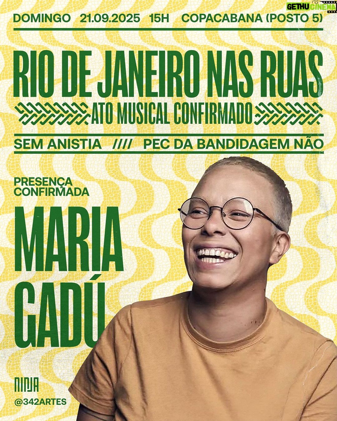Maria Gadú - 156.2K Likes - Mais nomes de peso da música brasileira confirmados domingo! @mariagadu, @amarinasena e @osgarotin também estarão presentes. Fiquem atentos nas nossas redes para mais informações.

#pecdabandidagemnão #semanistia