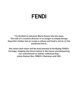 Maria Grazia Chiuri Instagram - Rome, 14th October 2025

FENDI is pleased to announce the appointment of Maria Grazia Chiuri as Chief Creative Officer of the Roman Maison.

Maria Grazia will present her first collection,
FENDI Fall/Winter 2026-2027, in Milan next February.

©️ Photo: Paola Mattioli