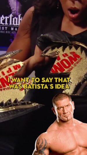 Michelle Calaway Instagram - Cutting the Women's Championship in half was Batista's idea! #wwe #wrestling #batista #michellemccool