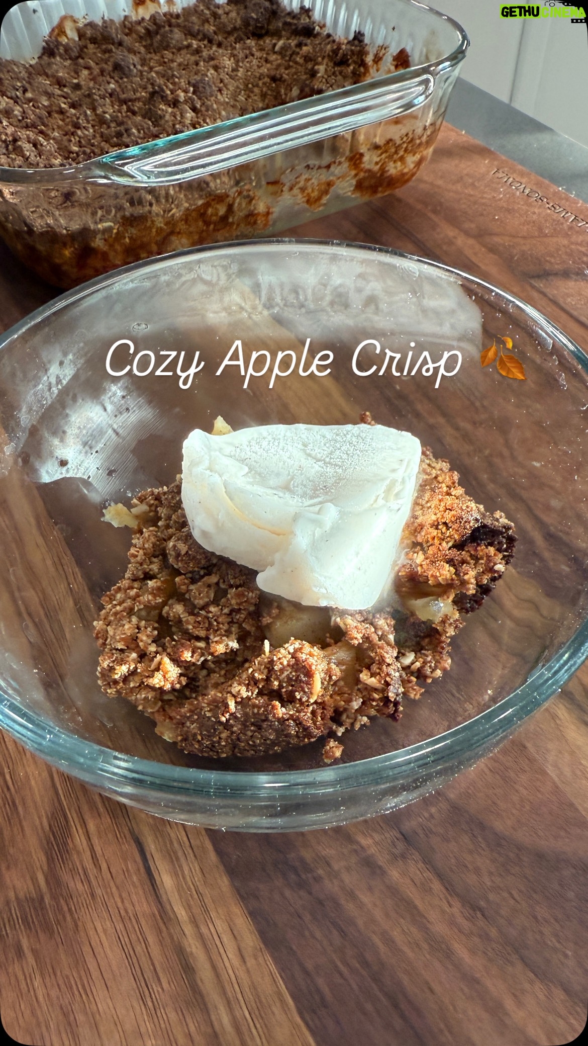 Michelle Madrigal - 6.9K Likes - Cozy Fall Apple Crisp 🍏

Filling
	•	3 apples, peeled & cubed (I used green & red)
	•	1 tbsp apple cider vinegar (or lemon juice)
	•	A few tbsp water
	•	1 tsp cinnamon
	•	¼ tsp nutmeg
	•	3–4 tbsp maple syrup
	•	1 tbsp butter or ghee (I used non dairy butter)
	•	Pinch of sea salt

Crisp/Crumble 
	•	⅓ cup almond flour
	•	⅓ cup all-purpose flour (use gluten-free if you like)
	•	⅓ cup rolled oats (gluten free)
	•	½ cup brown sugar (I used coconut sugar)
	•	⅓ cup melted coconut oil (or butter)
	•	A handful of walnuts or pecans, chopped
	•	1 tsp cinnamon
	•	Pinch of cardamom/nutmeg/pumpkin spice
	•	Salt to taste

Directions
	1.	Heat oven to 400°F.
	2.	In a skillet, combine apples, vinegar, and water. Cover and let simmer on low until apples soften.
	3.	In a separate bowl, mix all crisp topping ingredients. You can use a blender for a quick pulse or just stir by hand if you like it chunky.
	4.	When apples are soft, stir in maple syrup and butter. Let simmer gently, stirring occasionally, until it thickens into a paste.
	5.	Transfer the apple mixture to a small oven-safe dish. Spread the crisp topping evenly over the apples.
	6.	Bake for about 20 minutes, or until the top is golden and crunchy.
	7.	Let it cool slightly, then enjoy on its own or with a scoop of vanilla ice cream.