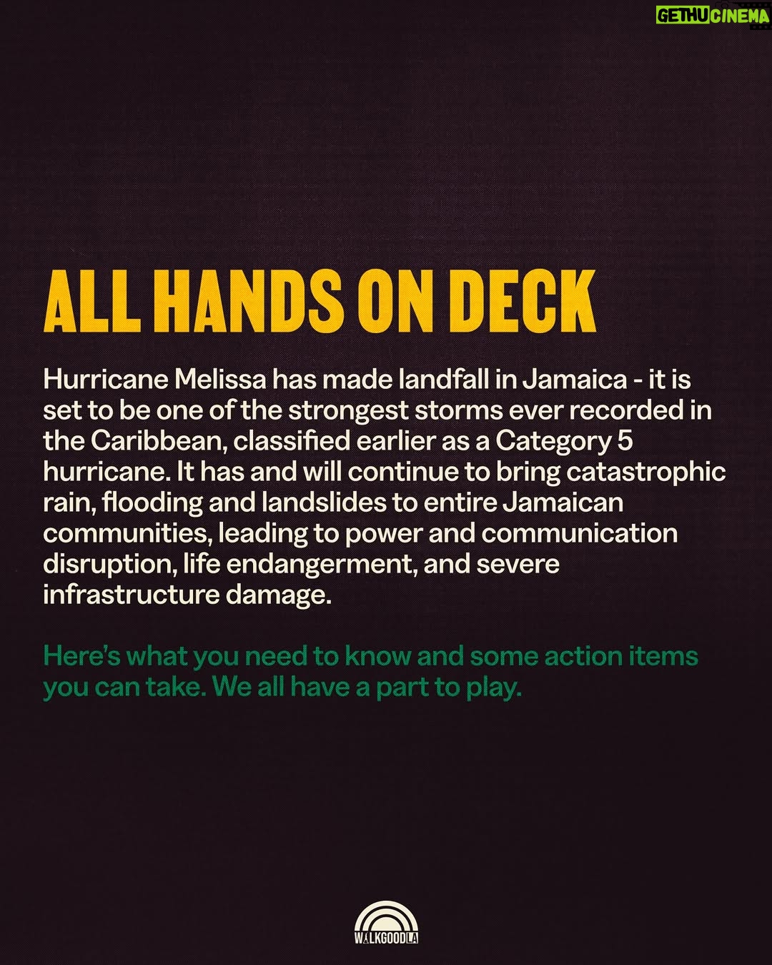 Sheryl Lee Ralph - 104.3K Likes - It’s all hands on deck. Here is how you can help the people of Jamaica. 

Recorded as the strongest ever storm to hit the Caribbean, Hurricane Melissa has made landfall in Jamaica - it will be bringing catastrophic damage to its communities and we must act together. 

Slide 3: Immediate actions to take 
Slide 4: Where to Donate to make maximum impact 
Slide 5: Resources to share widely 

GO TO bio.site/walkgoodjamaica or @walkgoodla link in bio for all resource and donate links compiled so far. Please comment with additional resources and reputable orgs to add. 

This isn’t just a natural disaster, this is also an example of a climate justice issue. Climate change only deepens inequity and it’s critical that we act to invest in our future, not destroy it. 

The most immediate way you can support is to donate. Cash flow will be the most efficient way to support communities, as access to land will become challenging in the days to follow. Post-storm recovery efforts will take sustained effort from all of us. 

If you didn’t know, WalkGood is a Jamaican phrase meaning to take care and wish another well in their journey. If you know someone in Jamaica make sure to tell them to WalkGood. 

#hurricanemelissa #hurricanemelissajamaica #jamaica #disasterrelief #community