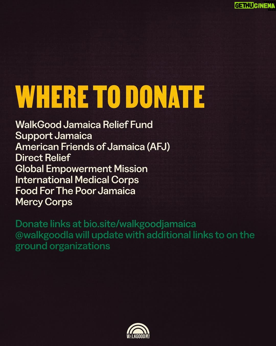 Sheryl Lee Ralph - 104.3K Likes - It’s all hands on deck. Here is how you can help the people of Jamaica. 

Recorded as the strongest ever storm to hit the Caribbean, Hurricane Melissa has made landfall in Jamaica - it will be bringing catastrophic damage to its communities and we must act together. 

Slide 3: Immediate actions to take 
Slide 4: Where to Donate to make maximum impact 
Slide 5: Resources to share widely 

GO TO bio.site/walkgoodjamaica or @walkgoodla link in bio for all resource and donate links compiled so far. Please comment with additional resources and reputable orgs to add. 

This isn’t just a natural disaster, this is also an example of a climate justice issue. Climate change only deepens inequity and it’s critical that we act to invest in our future, not destroy it. 

The most immediate way you can support is to donate. Cash flow will be the most efficient way to support communities, as access to land will become challenging in the days to follow. Post-storm recovery efforts will take sustained effort from all of us. 

If you didn’t know, WalkGood is a Jamaican phrase meaning to take care and wish another well in their journey. If you know someone in Jamaica make sure to tell them to WalkGood. 

#hurricanemelissa #hurricanemelissajamaica #jamaica #disasterrelief #community
