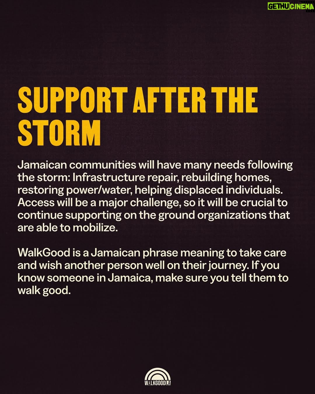 Sheryl Lee Ralph - 104.3K Likes - It’s all hands on deck. Here is how you can help the people of Jamaica. 

Recorded as the strongest ever storm to hit the Caribbean, Hurricane Melissa has made landfall in Jamaica - it will be bringing catastrophic damage to its communities and we must act together. 

Slide 3: Immediate actions to take 
Slide 4: Where to Donate to make maximum impact 
Slide 5: Resources to share widely 

GO TO bio.site/walkgoodjamaica or @walkgoodla link in bio for all resource and donate links compiled so far. Please comment with additional resources and reputable orgs to add. 

This isn’t just a natural disaster, this is also an example of a climate justice issue. Climate change only deepens inequity and it’s critical that we act to invest in our future, not destroy it. 

The most immediate way you can support is to donate. Cash flow will be the most efficient way to support communities, as access to land will become challenging in the days to follow. Post-storm recovery efforts will take sustained effort from all of us. 

If you didn’t know, WalkGood is a Jamaican phrase meaning to take care and wish another well in their journey. If you know someone in Jamaica make sure to tell them to WalkGood. 

#hurricanemelissa #hurricanemelissajamaica #jamaica #disasterrelief #community