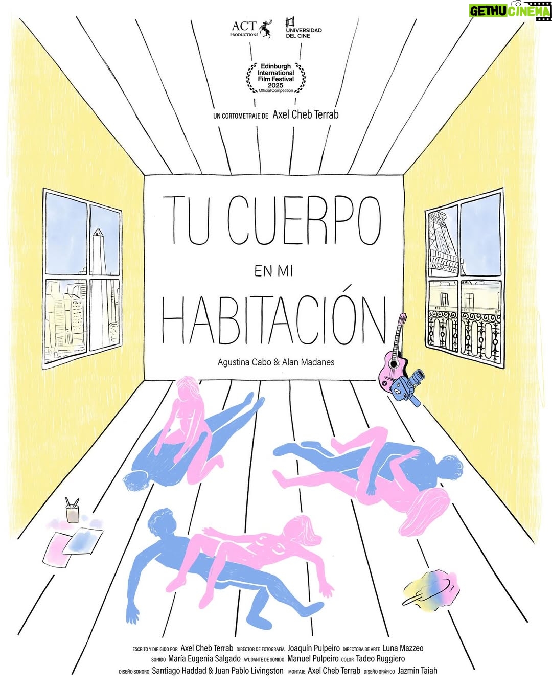 Agustina Cabo - 5.3K Likes - “Tu cuerpo en mi habitación” va a tener su premiere mundial en la competencia del Festival Internacional de cine de Edimburgo🏴󠁧󠁢󠁳󠁣󠁴󠁿

Un corto sobre la nostalgia, el amor, el sexo y las despedidas. El proceso de este corto fue simple. Yo quería despedir mi departamento y Agus tenía muchas ideas sobre amor e intimidad. Una madrugada nos mandamos mensajitos. A eso le siguió una reunión con Alan y ella para charlar sobre dos personajes que aún no conocíamos pero hacían cosas en un departamento, y algo los apuraba, los robotizaba. Es lo que sabíamos. A la semana les mandé el guion y el finde estabamos filmando. Luna materializó la escenografía del espacio, Joaco y Mauje lo registraron, tanto en cámara como en sonido. Agus y Alan le dieron vida. Yo uní sus pedacitos en el montaje y Santi y Juampi lo sonorizaron. Del resto se encargó el Pity, el rey de la nostalgia por excelencia.

Quienes estén por el Reino Unido en agosto lo van a poder ver en las siguientes funciones:
- Saturday 16 August / 15:20 Cameo 1
- Sunday 17 August / 12:45 / Hawthornden Lecture Theatre / SDH
- Monday 18 August / 12:00 / Vue Omni 11
- Monday 18 August / 18:45 / Filmhouse 3 / SDH

Aguante el cine independiente, aguante filmar con amigos. Gracias Agus y Alan por poner sus cuerpos para ayudarme a sacar todas estas emociones que tenía adentro. Gracias por convertir los recuerdos en algo tan lindo y eterno como lo es el cine.

El afiche es de la increíble y también coautora de recuerdos de Las Heras @jaztaiah 🙌🏻