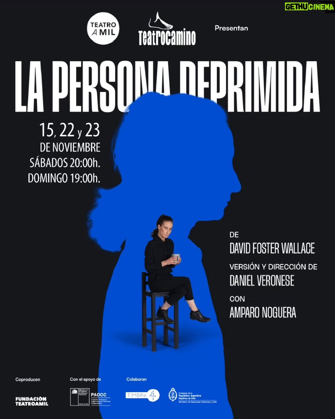 Amparo Noguera - 1.7K Likes - El 15 de noviembre, comienza la segunda temporada de "La persona deprimida" en Teatro Camino.

Una comedia negra, con la magistral actuación de Amparo Noguera.
Una versión dirigida por Daniel Veronese y en coproducción con Fundación Teatro a Mil.

Solo tres funciones:
Sábados 15 y 22 de noviembre (20.00h.)
y domingo 23 de noviembre (19.00h.)

Entradas en 
www.teatrocamino.cl
#amparonoguera #TeatroCaminoHéctorNoguera 
#lapersonadeprimida