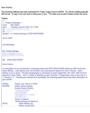 Andrea Savage Instagram - Okay wow, wow, wow.  Had to go way, way back into my archived emails for something this morning and holy shit, this just popped up. The email I got from my agents letting me know I had a callback with Will Ferrell for Stepbrothers 😭😭 Reading it today I had such a visceral recollection of that moment. I was so, so, so fucking excited and also so, so, so fucking nervous! It all just rushed back!! Obviously NONE of us had any idea of the lasting legacy that movie would have, it was just two weirdos putting their balls on drum sets,  but wow was it a spectacular time. To this day one of the most fun projects I have ever had the luck to be a part of. So much laughing and ridiculousness. A warm environment where you were encouraged and celebrated for bringing your own weirdness to the table. I just remember laughing so hard every single day. I cannot believe we shot that 18 years ago. Blowing my mind.  Feeling all the good feels this morning that I got to be a part of that special film. ❤️ #WillFerrell #stepbrothers #Denise #therapist #akeeper #piratehat #lumberjack