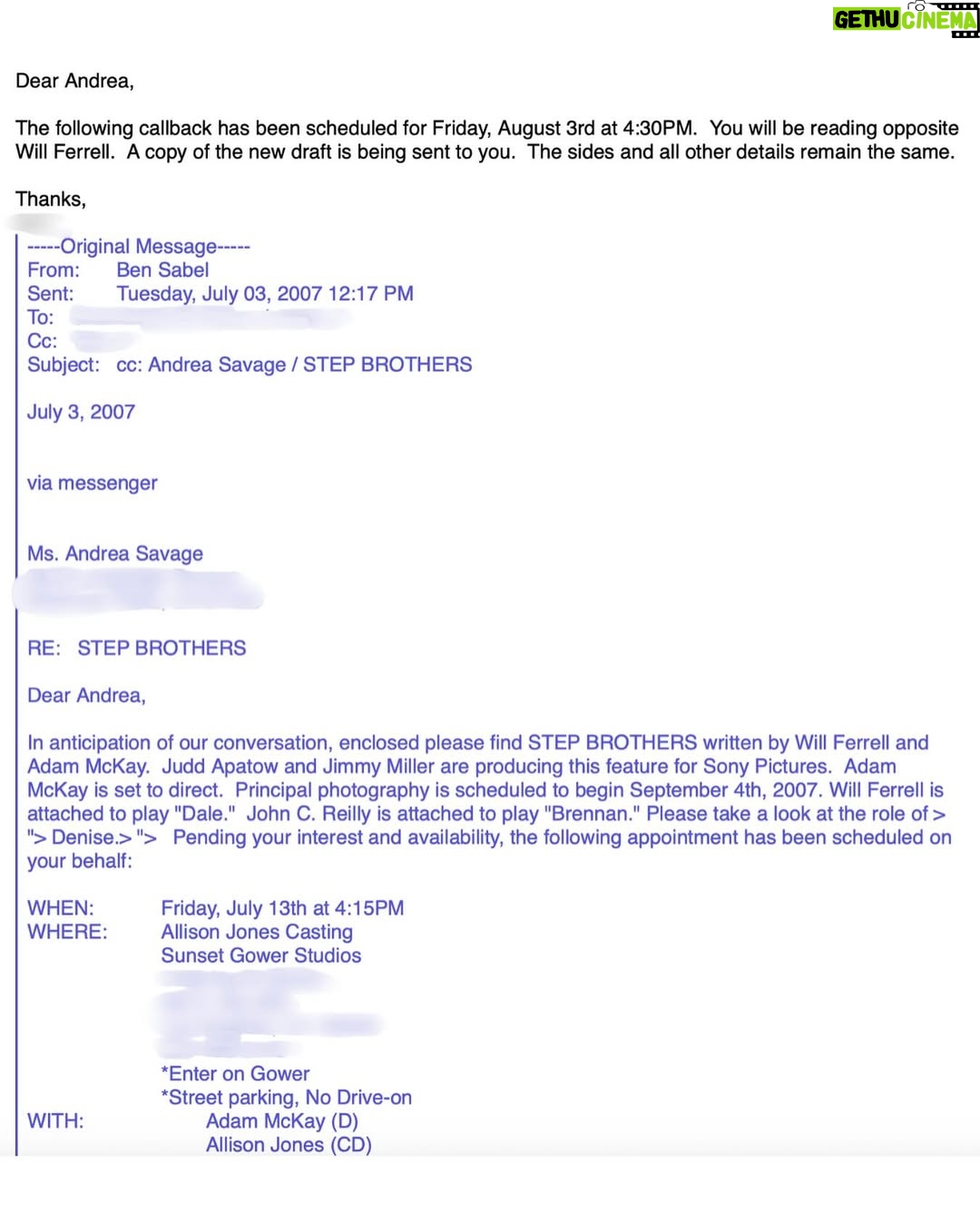 Andrea Savage - 10.3K Likes - Okay wow, wow, wow.  Had to go way, way back into my archived emails for something this morning and holy shit, this just popped up. The email I got from my agents letting me know I had a callback with Will Ferrell for Stepbrothers 😭😭 Reading it today I had such a visceral recollection of that moment. I was so, so, so fucking excited and also so, so, so fucking nervous! It all just rushed back!! Obviously NONE of us had any idea of the lasting legacy that movie would have, it was just two weirdos putting their balls on drum sets,  but wow was it a spectacular time. To this day one of the most fun projects I have ever had the luck to be a part of. So much laughing and ridiculousness. A warm environment where you were encouraged and celebrated for bringing your own weirdness to the table. I just remember laughing so hard every single day. I cannot believe we shot that 18 years ago. Blowing my mind.  Feeling all the good feels this morning that I got to be a part of that special film. ❤️ #WillFerrell #stepbrothers #Denise #therapist #akeeper #piratehat #lumberjack