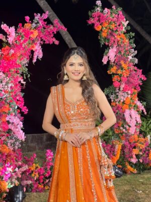 Ashna Kishore Instagram - This outfit deserves its own moment 🧡🥰
Wearing - @mauvestory 

#AshnaKishore #desi #wedding #lehenga #goa

{wedding vibes, Goa, Goa beach, lehenga, traditional, new post, wedding season, wedding bells, Morjim, Anjuna, south Goa, north Goa, Delhi, Mumbai, Pune, Hyderabad, Bangalore, fashion, Indian wear, ethnic wear, smile, happy}