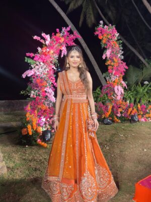 Ashna Kishore Instagram - This outfit deserves its own moment 🧡🥰
Wearing - @mauvestory 

#AshnaKishore #desi #wedding #lehenga #goa

{wedding vibes, Goa, Goa beach, lehenga, traditional, new post, wedding season, wedding bells, Morjim, Anjuna, south Goa, north Goa, Delhi, Mumbai, Pune, Hyderabad, Bangalore, fashion, Indian wear, ethnic wear, smile, happy}