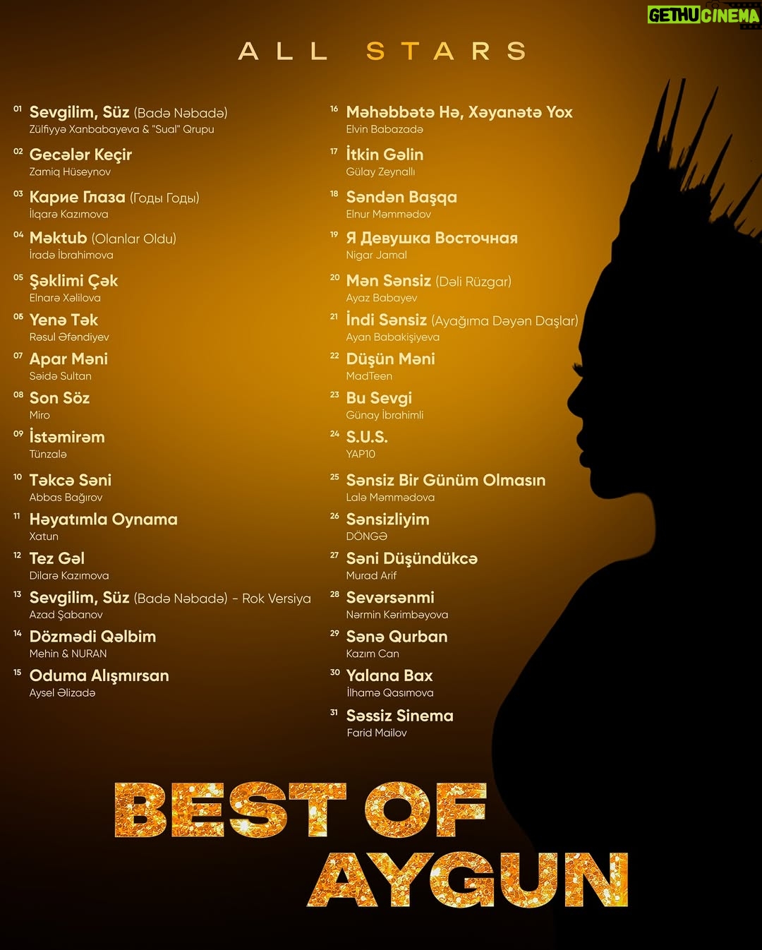 Aygün Kazımova - 6.9K Likes - BEST OF AYGUN - ALL STARS 
(Tribute Album) 

03.10.2025 ONLINE!