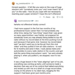 Betty Who Instagram - did a @reddit AMA last week and this question hit pretty hard. the life of a middle class artist is being successful to some and a failure to others all at the same time. lots of people replied to this on my story so i figured id share it here. idk if it will help anyone but i want you to know you’re not alone in the struggle.