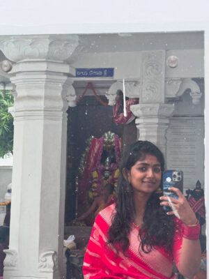 Bhoomi Shetty Instagram - Navarathri🌺✨

In my 27 years of life, I’ve never done something like what I did this past month of September—Navarathri.
For 11 days, I lived as a Brahmacharini. A non-veg lover who didn’t touch non-veg. I woke up early, draped sarees every day, did puja, read slokas, wrote Durga koti. Even when my health wasn’t at its best, I still showed up. I still can’t believe myself.
And yet, I’m so proud. Because something awakened in me, The Shakti!! 
She made me believe in myself. I didn’t crave anything, I let go of so much. So much of my emotions, desires, attachments.  These 11 days taught me that if there is ichha, dedication & pure devotion, I can do anything in this life.
I realized Shakti doesn’t need materialistic offerings she asks for truth, our bare self, our honesty. I gave my all. 
I gave my all. I’ve grown. I’ve learnt. I’ve made mistakes, but I’ve also moved forward. And I’m grateful for everything life has given me so far.
And I promise myself one thing: to live fully, to live in the present.
Thank you Kali ma🌺
.