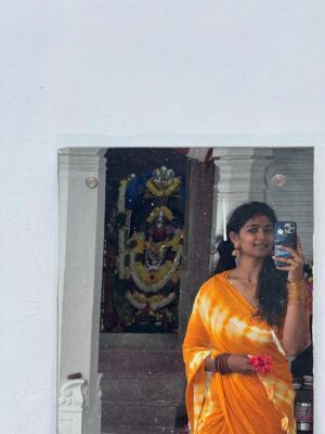 Bhoomi Shetty Instagram - Navarathri🌺✨

In my 27 years of life, I’ve never done something like what I did this past month of September—Navarathri.
For 11 days, I lived as a Brahmacharini. A non-veg lover who didn’t touch non-veg. I woke up early, draped sarees every day, did puja, read slokas, wrote Durga koti. Even when my health wasn’t at its best, I still showed up. I still can’t believe myself.
And yet, I’m so proud. Because something awakened in me, The Shakti!! 
She made me believe in myself. I didn’t crave anything, I let go of so much. So much of my emotions, desires, attachments.  These 11 days taught me that if there is ichha, dedication & pure devotion, I can do anything in this life.
I realized Shakti doesn’t need materialistic offerings she asks for truth, our bare self, our honesty. I gave my all. 
I gave my all. I’ve grown. I’ve learnt. I’ve made mistakes, but I’ve also moved forward. And I’m grateful for everything life has given me so far.
And I promise myself one thing: to live fully, to live in the present.
Thank you Kali ma🌺
.