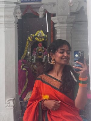 Bhoomi Shetty Instagram - Navarathri🌺✨

In my 27 years of life, I’ve never done something like what I did this past month of September—Navarathri.
For 11 days, I lived as a Brahmacharini. A non-veg lover who didn’t touch non-veg. I woke up early, draped sarees every day, did puja, read slokas, wrote Durga koti. Even when my health wasn’t at its best, I still showed up. I still can’t believe myself.
And yet, I’m so proud. Because something awakened in me, The Shakti!! 
She made me believe in myself. I didn’t crave anything, I let go of so much. So much of my emotions, desires, attachments.  These 11 days taught me that if there is ichha, dedication & pure devotion, I can do anything in this life.
I realized Shakti doesn’t need materialistic offerings she asks for truth, our bare self, our honesty. I gave my all. 
I gave my all. I’ve grown. I’ve learnt. I’ve made mistakes, but I’ve also moved forward. And I’m grateful for everything life has given me so far.
And I promise myself one thing: to live fully, to live in the present.
Thank you Kali ma🌺
.