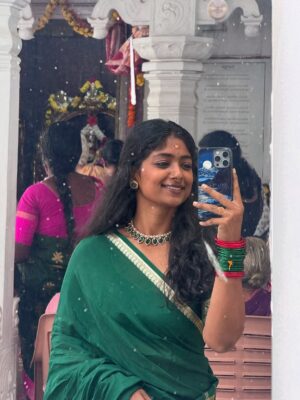 Bhoomi Shetty Instagram - Navarathri🌺✨

In my 27 years of life, I’ve never done something like what I did this past month of September—Navarathri.
For 11 days, I lived as a Brahmacharini. A non-veg lover who didn’t touch non-veg. I woke up early, draped sarees every day, did puja, read slokas, wrote Durga koti. Even when my health wasn’t at its best, I still showed up. I still can’t believe myself.
And yet, I’m so proud. Because something awakened in me, The Shakti!! 
She made me believe in myself. I didn’t crave anything, I let go of so much. So much of my emotions, desires, attachments.  These 11 days taught me that if there is ichha, dedication & pure devotion, I can do anything in this life.
I realized Shakti doesn’t need materialistic offerings she asks for truth, our bare self, our honesty. I gave my all. 
I gave my all. I’ve grown. I’ve learnt. I’ve made mistakes, but I’ve also moved forward. And I’m grateful for everything life has given me so far.
And I promise myself one thing: to live fully, to live in the present.
Thank you Kali ma🌺
.