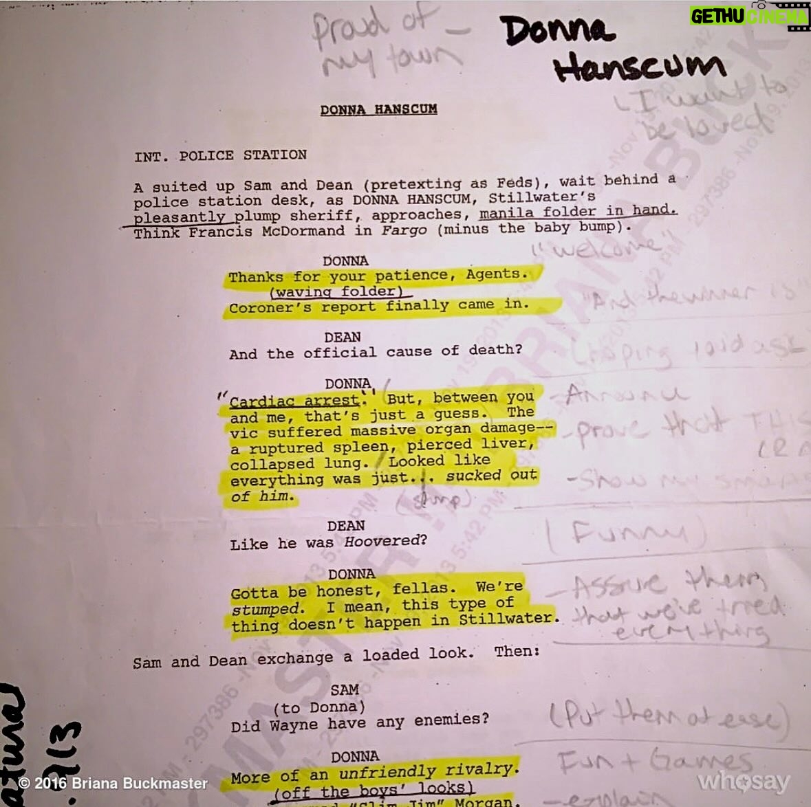 Briana Buckmaster - 11K Likes - Happy 20th #Supernatural. To celebrate, here are my original audition sides for the role that changed my life (written by Eric Charmelo and Nicole Snyder, Directed by Phil Sgriccia) . ❤️ #spnfamily #sheriffdonna