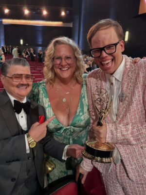 Bridget Everett Instagram - First Emmy’s! Thrilling and well deserved win for @boomboomhiller. Proud to be nominated alongside @fancyboslady and @pthureen for writing. Shared the evening with Mr. Showbiz himself, @murrayhill. Thanks to @cdicelove13 for styling me, @alexisbittar for the bling and bag, @selkie for the dress. As always, @stuartweitzman on my toesies. Makeup by the angel @jessica.ahn and hair by the sweet @stephenlowhair 💫