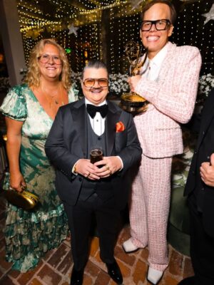Bridget Everett Instagram - First Emmy’s! Thrilling and well deserved win for @boomboomhiller. Proud to be nominated alongside @fancyboslady and @pthureen for writing. Shared the evening with Mr. Showbiz himself, @murrayhill. Thanks to @cdicelove13 for styling me, @alexisbittar for the bling and bag, @selkie for the dress. As always, @stuartweitzman on my toesies. Makeup by the angel @jessica.ahn and hair by the sweet @stephenlowhair 💫