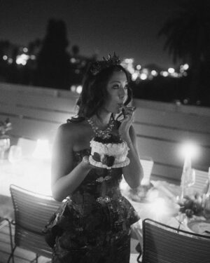 Chelsea Zhang Instagram - 𝓌𝒾𝓉𝒽 𝒻𝓇𝒾𝑒𝓃𝒹𝓈 𝒶𝓇𝑜𝓊𝓃𝒹 𝓉𝒽𝑒 𝓉𝒶𝒷𝓁𝑒 ✨ 

My lil slice of heaven 💛 @third.spacela is my events & hosting page ✨

Celebrated another year with a Baroque Themed Rooftop Dinner— very inspired by my outfit (@shopakira ) and the queens I’m surrounded by in this beautifully complex city ✨ 

The miracle of relationships never fails to amaze me — Each friend a story of divine design. Couldn’t have planned the seats at my table if I tried and i wouldn’t want it any other way ❤️ 

———————-

I love a full event experience — I delight in excellence and details… but also catch me at 6pm crying because I tried to set up a party by myself 🫠. To be met with friends who fly to the rescue, laugh it off and tell me they would have shown up if it  were just two pieces of bread on an barren table 🤣 — healed a lot in little Chels’s heart. 

Thankful for my friends who help head knowledge become heart knowledge by loving me thru every version of myself (especially troll Chelsea — shes a problem. 🧌🤪) 

I pray that this type of community surrounds you and is never taken for granted ❤️✨ 

#community #girlhood #dinnerparty #hosting #perfectionism #birthday #celebration #rooftop #citylife #adulting #adultfriendships #oliviadean #artofloving