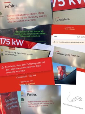 Collien Fernandes Instagram - Heute den Flug aus Berlin verpasst. 

Wenn E-Mobilität für alle, die Zukunft sein soll, muss definitiv etwas passieren in der Ladeinfrastruktur: 

Ladesäule Nummer 1: Kommunizierte gar nicht mit mir.

Ladesäule Nummer 2: "Fehler beim Kommunikationsaufbau, bitte erneut versuchen."

Ladesäule Nummer 3   4: "Der Bezahlvorgang war nicht erfolgreich."

Ladesäule Nummer 5: Wurde mir zwar als funktionierende Ladessäule angezeigt, ist aber noch gar nicht in Betrieb. Oops..

Ladesäule Nummer 6: "Der Anschluss scheint im Moment belegt zu sein." Ähm... Ist er aber nicht.

Ladesäule Nummer 7: "Vorbereitung zum Laden wurde abgebrochen." Äh: Why??

Ladesäule Nummer 8: Ladefehler.

Ladesäule Nummer 9: Fehler.

Ladesäule Nummer 10: Nach jedem Prozent "Ladevorgang beendet"

Wegen all der Lade- bzw am Ende Nicht-Lade-Stopps nun den Flug verpasst und gestrandet in Berlin. 
Laune eher so im Keller.

Zur Launenbesserung jetzt erst mal Pizza   Saft (!)   TV im Bett..