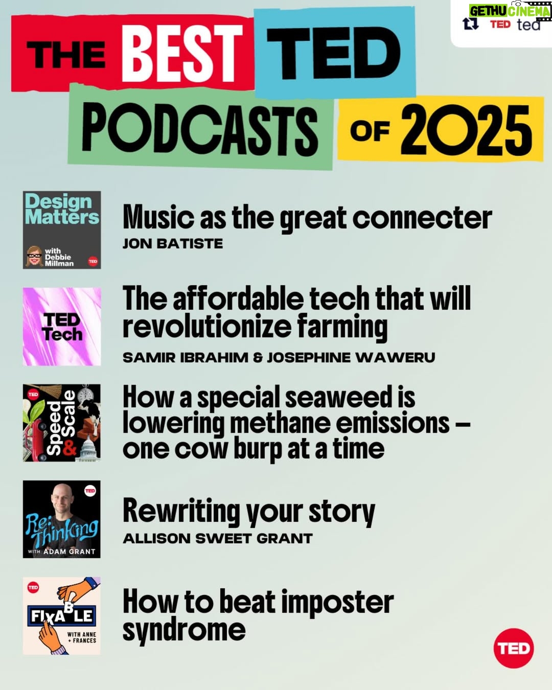 Debbie Millman - 11.6K Likes - Ooooh! Two episodes! Design Matters with @jonbatiste and as a guest on @adamgrant’s brilliant podcast Work/Life! Thank you @ted! 🎙️🎙️🎙️🎙️🎙️🎙️

Repost from @ted
•
As we wrap up 2025, there are so many TED podcast episodes that captivated us, challenged our assumptions and stole our hearts — here are 10 of our favorites. From musical genius @JonBatiste on why music and community are innately intertwined to how James Beard Award-winning chef Sean Sherman (@the_sioux_chef) connects local communities through indigenous ingredients, and how to better understand workplace imposter syndrome with a little help from Fixable hosts @annemorriss and @francesxfrei, these episodes will help you wrap up your year right — and enter the new one inspired, curious and hopeful for the future.⁠
⁠
Dive into these ideas and more wherever you get your podcasts.