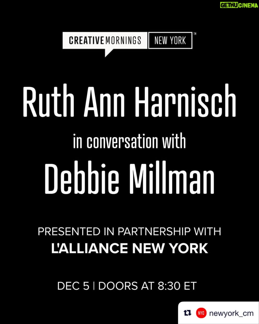 Debbie Millman - 12.2K Likes - I am thrilled to be interviewing the extraordinary @ruthannharnisch in a very special live episode of Design Matters for @creativemorning in New York on Friday, December 5th! Registration is free and you can register at the link in the @newyork_cm bio! Thank you @swissmiss, as always! ❤️

Repost from @newyork_cm 

Save the date! Our next event is December 5th with Ruth Ann Harnisch in conversation with Debbie Millman! (Registration opens on Monday, Dec 1st.) @ruthannharnisch @theharnischfoundation @debbiemillman #CMinnovation #CMNYC