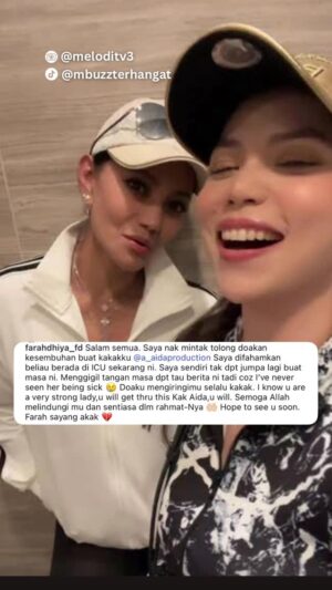Farahdhiya Instagram - Penerbit drama terkenal, Datuk A Aida  kini berada di Unit Rawatan Rapi (ICU) di sebuah pusat perubatan di ibu negara.

Perkara itu dimaklumkan oleh sahabat baiknya, penyanyi Farahdhiya, menerusi hantaran Instagram tengah hari tadi. Punca beliau dimasukkan ke ICU belum diketahui setakat ini.. sama-sama kita doakan kesembuhan buat beliau 🤲 #meloditv3