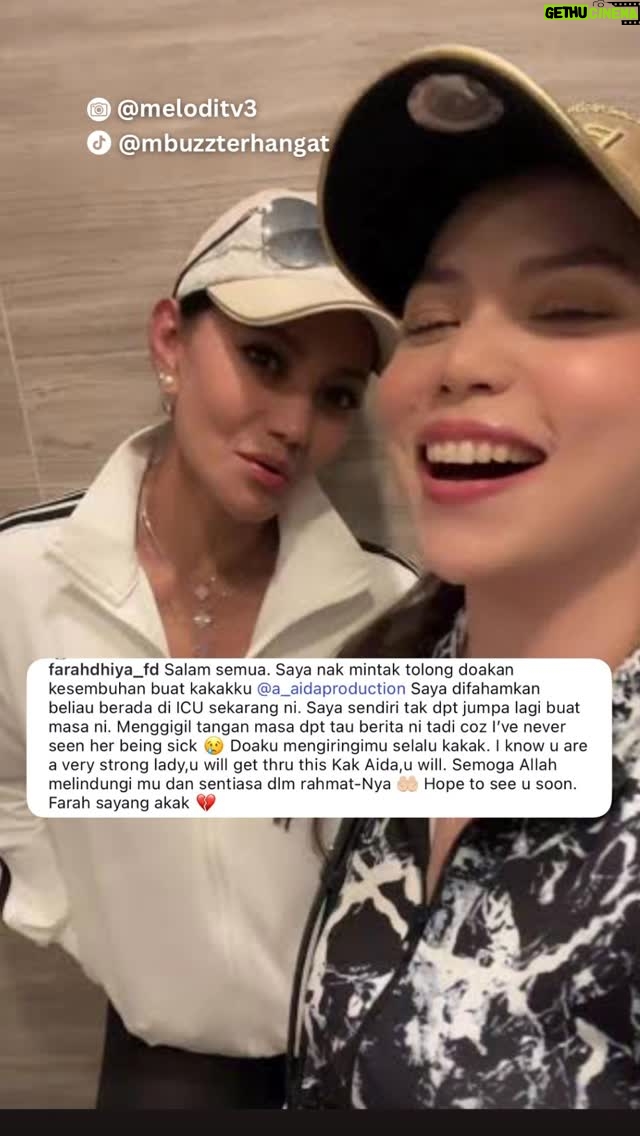 Farahdhiya - 3.2K Likes - Penerbit drama terkenal, Datuk A Aida  kini berada di Unit Rawatan Rapi (ICU) di sebuah pusat perubatan di ibu negara.

Perkara itu dimaklumkan oleh sahabat baiknya, penyanyi Farahdhiya, menerusi hantaran Instagram tengah hari tadi. Punca beliau dimasukkan ke ICU belum diketahui setakat ini.. sama-sama kita doakan kesembuhan buat beliau 🤲 #meloditv3
