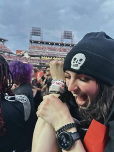 Gina Klein Instagram - 24 HOUR TRIP TO PHILLY TO SEE MY CHEMICAL ROMANCE I COULDNT HELP MYSELF!!!!!!!! Very few photos taken but the second one is of me being ecstatic at getting my very first ~concert friendship bracelet~ (do you call them Kandi if it’s not a rave??) from the sweetest SWEETEST person who watches my videos!! Thank you Ella!!! My neck is so sore from jamming out but omg what a good time 🥲🖤
