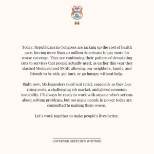Gretchen Whitmer Instagram - My statement on continued DC Republican efforts to raise costs and worsen health care outcomes for Michiganders.