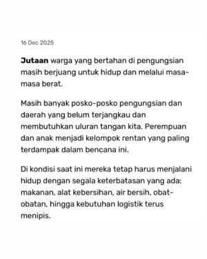 Hannah Al Rashid Instagram - Kami berdua punya banyak memori penting di pulau Sumatra, it’s been a heartbreaking few weeks witnessing our brothers and sisters there who are suffering so much.

Melihat situasi disana dari lensa advokasi masing-masing (Nadine yang sering gerak di isu lingkungan dan Hannah di isu perempuan) kami ikut sedih karena diingetkan kembali soal intersectionality ini yang sering memposisikan perempuan dan anak sebagai kelompok yang paling rentan dalam bencana apapun.

Tentu banyak orang baik yang sudah membuka donation page dengan kontribusi yang luar biasa berkat orang-orang Indonesia yang memang begitu generous dari dulu dalam keadaan seperti sekarang.

Tapi setelah bicara sama teman-teman dari @kawanpuan.id @kitabisacom ternyata masih banyak sekali perempuan dan anak Sumatra yang masih membutuhkan bantuan kita. Dengan segala frustrasi kita semua terhadap siapa yang mesti accountable dalam bencana ini, satu hal yang kami yakini adalah warga tidak pernah lupa sesama warga, and that will never change.

Mohon bantuan donasinya teman-teman, sekecil apapun pasti akan membantu. Praying for our brothers and sisters in Sumatra, for their well being, for their health, for their livelihoods and homes, and for their sense of justice too 🙏🏼

Terima kasih teman-teman,

H & N

Link in bio.