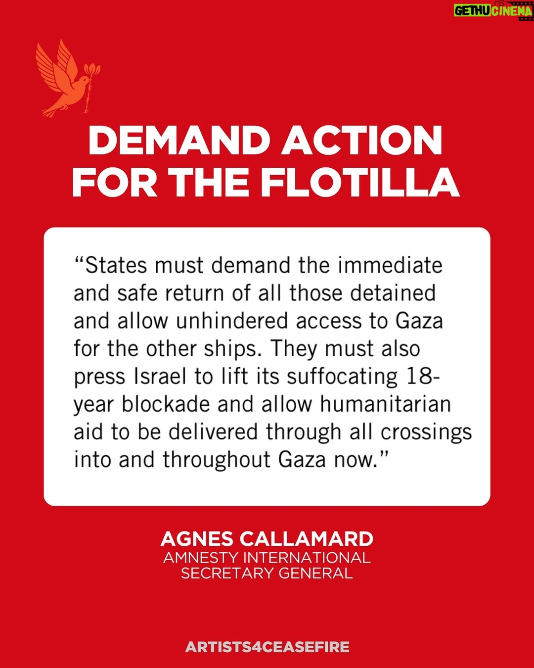 Hannah Einbinder - 33.1K Likes - “States must demand the immediate and safe return of all [flotilla members] detained and allow unhindered access to Gaza for the other ships. They must also press Israel to lift its suffocating 18-year blockade and allow humanitarian aid to be delivered through all crossings into and throughout Gaza now.” — Agnes Callamard, Secretary General, @amnesty 

The flotilla is an urgent humanitarian response to Israel’s blockade and starvation of Gaza—and also a reminder that governments have failed in this moment, making this peaceful, humanitarian mission necessary. Flotilla volunteers from around the world — including U.S. veterans, European parliamentarians, journalists, medics and lawyers —  are being unlawfully imprisoned for trying to deliver aid to civilians. There are reports of abuse and mistreatment of detainees, a reality imprisoned Palestinians, many without due process, face daily.

Our leaders must act for the safe release of remaining detained flotilla volunteers, full access for incoming ships, and a permanent end to Israel’s blockade and bombing of Gaza.

Take Action: globalsumudflotilla.org/contact-officials

Read Amnesty International’s full statement at the link in bio.

#LetAidIn #PermanentCeasefireNow
#CompassionMustPrevail