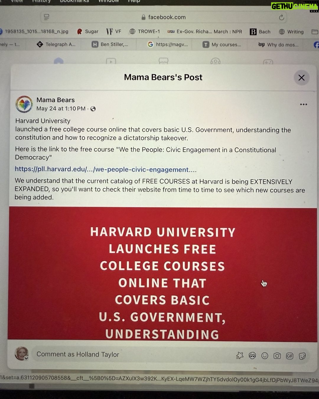 Holland Taylor - 6.4K Likes - This is so wonderful- Harvard University is launching free courses online. This and more to come. This one is “We the People: Civic Engagement in a Constitutional Democracy