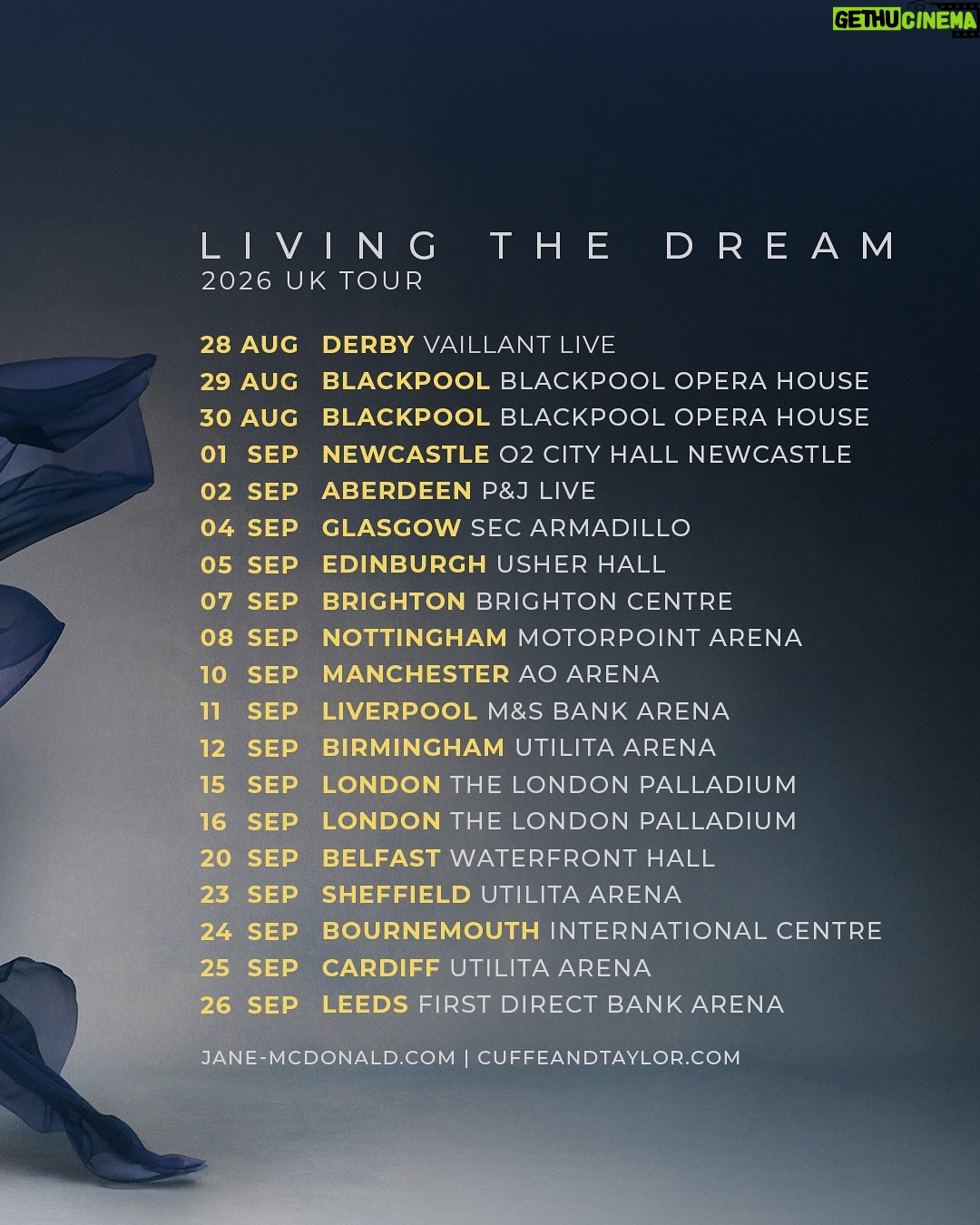 Jane McDonald - 4.2K Likes - I’m thrilled to announce Living The Dream, my brand-new album and UK tour for 2026! 🤠

Out in March 2026, Living The Dream was recorded at Nashville’s legendary Blackbird Studios and is packed with new original tracks and four reworkings of some of my favourite Country classics. I’ve always loved Country music and its storytelling, and I can’t wait to share this with you! ❤️

The Living The Dream Tour will start in August 2026, and I’ll be travelling all around the UK. I can’t wait to get back on that stage to sing some new songs, as well as all your favourites!!

The tour goes on sale on Friday, 28th November at 10am and you can get exclusive presale access by ordering the new album

Preorder Living The Dream now and find all tour dates and ticket information at www.jane-mcdonald.com

I am officially… Living The Dream! ❤️