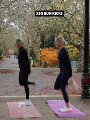 Jenni Falconer Instagram - 🔥You loved the arms so here's the LEGS!💥
Huge thanks to my brilliant partner in the park @jennifalconer ♥️ swipe across to the final slide!😂

⚠️SAVE this one & share it with a friend > perfect to do anywhere with NO EQUIPMENT‼️great when you are sort on time ⏰ 

✅20 Mins
✅3/4 Sets depending on time
✅warm up 1st 

▶️15 Squats
▶️12 Split Squats
▶️12 Alt reverse lunges
▶️30 Bum kicks
▶️20 Sumo Squat pulses
▶️10 Curtsy lunges (both sides)
▶️12 Lateral lunges 
▶️10 Split squat hops (both sides)
▶️12 Criss Cross squats
▶️15 Glute Bridges
▶️30 squat wall/partner hold!

Give me a 👍 if you try it & enjoy!💪🏻
Thanks @thestylephotographer 
Both @sweatybetty