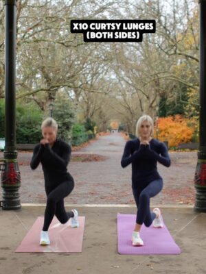 Jenni Falconer Instagram - 🔥You loved the arms so here's the LEGS!💥
Huge thanks to my brilliant partner in the park @jennifalconer ♥️ swipe across to the final slide!😂

⚠️SAVE this one & share it with a friend > perfect to do anywhere with NO EQUIPMENT‼️great when you are sort on time ⏰ 

✅20 Mins
✅3/4 Sets depending on time
✅warm up 1st 

▶️15 Squats
▶️12 Split Squats
▶️12 Alt reverse lunges
▶️30 Bum kicks
▶️20 Sumo Squat pulses
▶️10 Curtsy lunges (both sides)
▶️12 Lateral lunges 
▶️10 Split squat hops (both sides)
▶️12 Criss Cross squats
▶️15 Glute Bridges
▶️30 squat wall/partner hold!

Give me a 👍 if you try it & enjoy!💪🏻
Thanks @thestylephotographer 
Both @sweatybetty