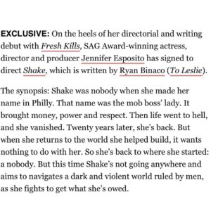 Jennifer Esposito Instagram - I need a long nap first before tackling another indie film- but LFG!! If you haven’t seen Ryan’s amazing film, Too Leslie, you should. I’m thrilled to get to direct his next script. Amazing group so far @kelseyplaw  Thank you for introducing me to the world of SHAKE.
@tina_turnbow photo credit