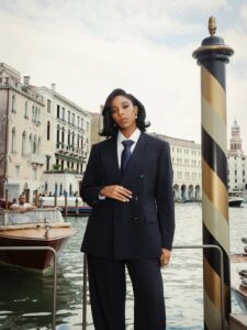 Jessica Williams Instagram - Thank you @giorgioarmani for the Bond suit of my dreams. And THANK YOU  @armanibeauty for the gorgeous glammmmm and a trip to Venice for the Frankenstein premiere. #venezia82 #armanibeautypartner 

Photographer// @cibellelevi 
Suit// @giorgioarmani 
Makeup// @kennethsohmakeup 
Hair// @jamescatalanohair 
Stylist// @sarahslutsky 
Stylist assistants// @miacstella @carlee___ @allieraye_k