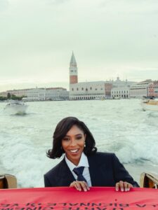 Jessica Williams Instagram - Thank you @giorgioarmani for the Bond suit of my dreams. And THANK YOU  @armanibeauty for the gorgeous glammmmm and a trip to Venice for the Frankenstein premiere. #venezia82 #armanibeautypartner 

Photographer// @cibellelevi 
Suit// @giorgioarmani 
Makeup// @kennethsohmakeup 
Hair// @jamescatalanohair 
Stylist// @sarahslutsky 
Stylist assistants// @miacstella @carlee___ @allieraye_k