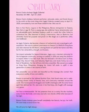 Jiggly Caliente Instagram - This was her Slaybill — her tribute program.

For anyone who would still like to watch the memorial service, the livestream link is available in her bio.

We want to take a moment to thank everyone — our family, friends, extended family, drag family, and fans. Your love, support, and presence helped us give her a beautiful farewell and allowed us to share a part of her—and ourselves—with you.

-Eternally grateful.
@geekycool82, @krismaxx, @Mr.JL_Galan, @Junejambalaya, @lipskiss31, @thedivine1384, @angelayalacouture, @manilaluzon @myradoll @ladycarolyn25, davidcharpentier @pegmgmt