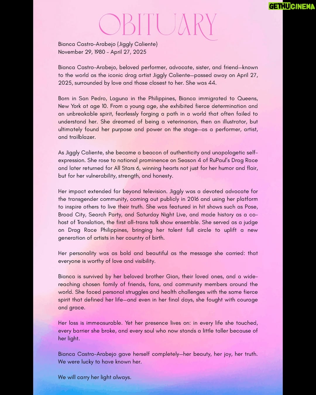 Jiggly Caliente - 21.5K Likes - This was her Slaybill — her tribute program.

For anyone who would still like to watch the memorial service, the livestream link is available in her bio.

We want to take a moment to thank everyone — our family, friends, extended family, drag family, and fans. Your love, support, and presence helped us give her a beautiful farewell and allowed us to share a part of her—and ourselves—with you.

-Eternally grateful.
@geekycool82, @krismaxx, @Mr.JL_Galan, @Junejambalaya, @lipskiss31, @thedivine1384, @angelayalacouture, @manilaluzon @myradoll @ladycarolyn25, davidcharpentier @pegmgmt
