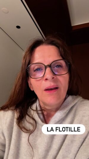 Juliette Binoche Instagram - Protégeons la FLOTILLE en envoyant des messages pour qu’elle puisse arriver saine et sauve sur la bande de Gaza afin d’aider non pas le Hamas, mais les civils palestiniens prisonniers et souffrants. 🖤🙏