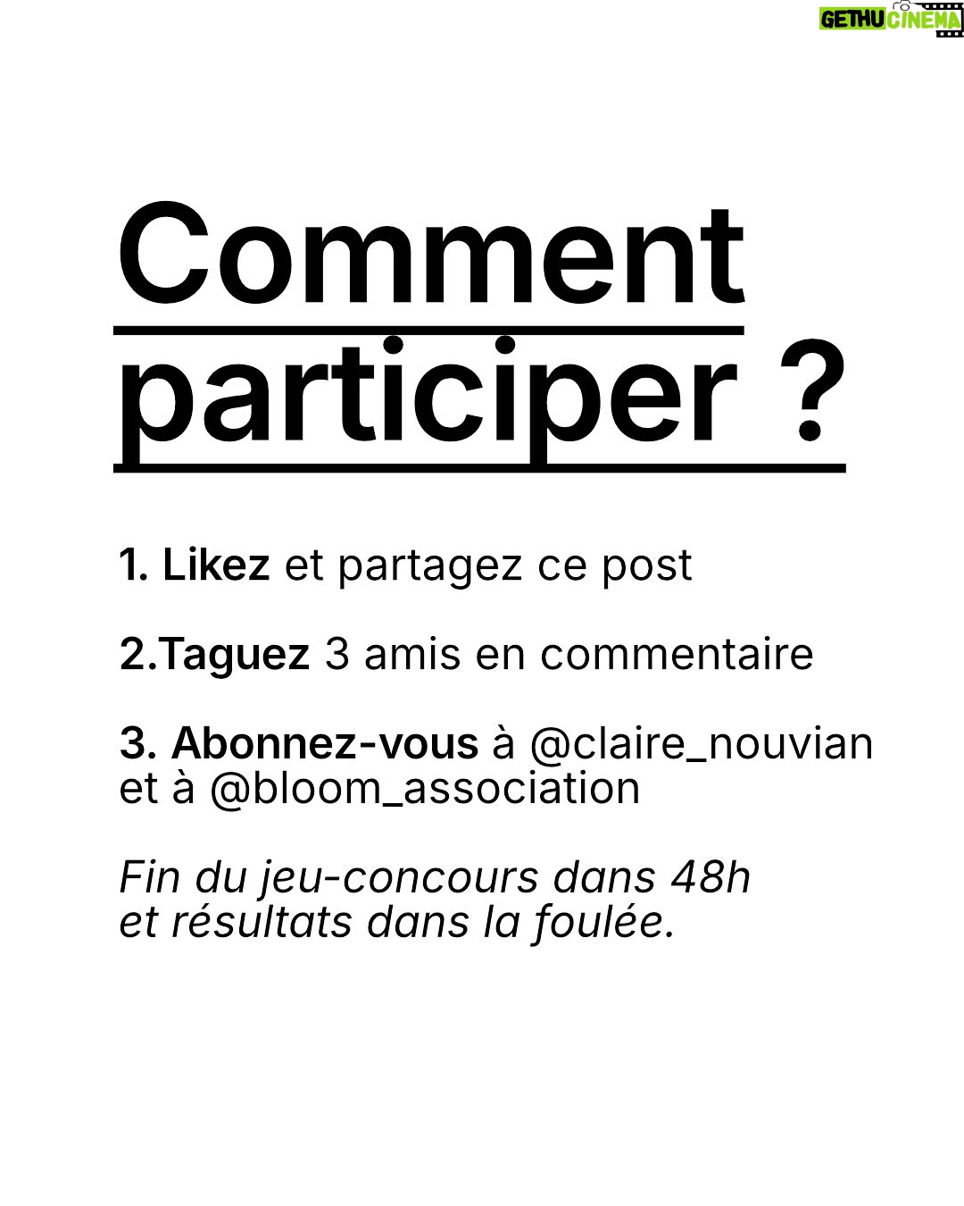 Juliette Binoche - 27.2K Likes - 🚨 UPDATE 1 : concours maintenu jusqu’au 12/06/2025. 

UPDATE 2 : ÉNORME ! Gagnez un déjeuner avec… @francoiscivilofficiel (oui c’est fou, il s’engage lui aussi à nos côtés en participant à notre jeu concours pour l’océan et les animaux marins)

Lisez notre post jusqu’au bout (très important, vous verrez!) et participez au jeu-concours le plus important de l’année ! 

⚡️Comment participer ? 

1. Likez et partagez ce post
 
2.Taguez 3 amis en commentaire 

3. Abonnez-vous à @claire_nouvian 
et à @bloom_association 

Fin du jeu-concours le 12/06/2025 et résultats dans la foulée. 

C’est peut-être la seule fois de notre vie qu’une conférence de l’ONU sur l’océan se tiendra en France. 

Elle aura lieu dans à partir du 9 juin. Elle est capitale pour notre avenir et celui des générations futures.

L’urgence est là. Le compte à rebours est lancé. 

Si vous vous souciez des animaux marins et du climat, c’est maintenant ou jamais pour agir.

Soyons la voix des millions d’animaux marins anéantis dans l’indifférence générale, soyons le bras armé des générations futures dont on foule l’avenir aux pieds. 

NON au massacre des animaux marins. 
NON à la dévastation de l’océan et du climat. 
NON à la pêche industrielle destructrice. 

Nous comptons sur vous 💙

Claire et toute l’équipe de BLOOM