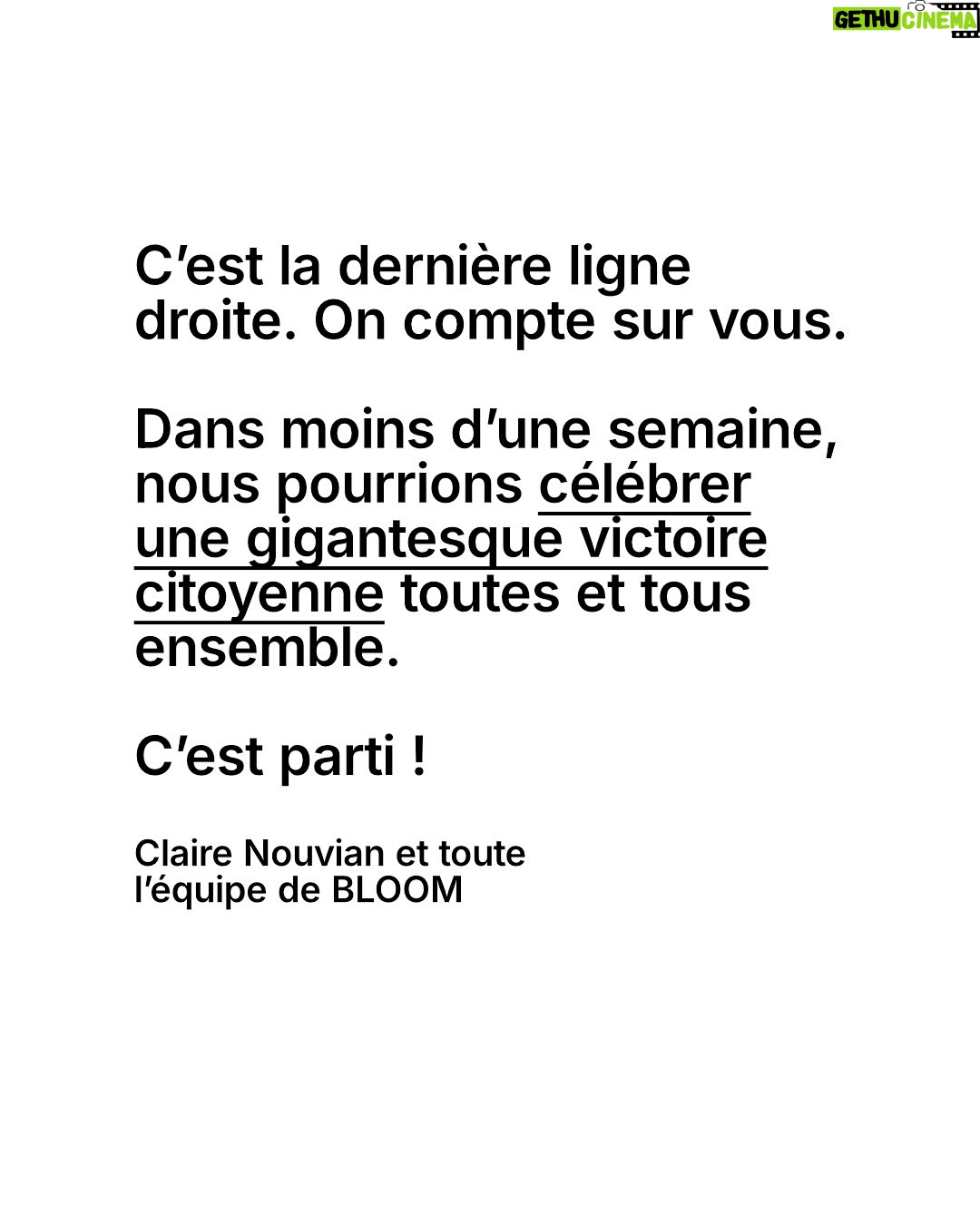 Juliette Binoche - 27.2K Likes - 🚨 UPDATE 1 : concours maintenu jusqu’au 12/06/2025. 

UPDATE 2 : ÉNORME ! Gagnez un déjeuner avec… @francoiscivilofficiel (oui c’est fou, il s’engage lui aussi à nos côtés en participant à notre jeu concours pour l’océan et les animaux marins)

Lisez notre post jusqu’au bout (très important, vous verrez!) et participez au jeu-concours le plus important de l’année ! 

⚡️Comment participer ? 

1. Likez et partagez ce post
 
2.Taguez 3 amis en commentaire 

3. Abonnez-vous à @claire_nouvian 
et à @bloom_association 

Fin du jeu-concours le 12/06/2025 et résultats dans la foulée. 

C’est peut-être la seule fois de notre vie qu’une conférence de l’ONU sur l’océan se tiendra en France. 

Elle aura lieu dans à partir du 9 juin. Elle est capitale pour notre avenir et celui des générations futures.

L’urgence est là. Le compte à rebours est lancé. 

Si vous vous souciez des animaux marins et du climat, c’est maintenant ou jamais pour agir.

Soyons la voix des millions d’animaux marins anéantis dans l’indifférence générale, soyons le bras armé des générations futures dont on foule l’avenir aux pieds. 

NON au massacre des animaux marins. 
NON à la dévastation de l’océan et du climat. 
NON à la pêche industrielle destructrice. 

Nous comptons sur vous 💙

Claire et toute l’équipe de BLOOM
