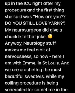 Kirsten Storms Instagram - I wanted to post this because even though my brain seems to be sorta lowkey rebelling against me, it does allow me to understand that we’ve all got times when things aren’t great. If we can, we will do our best to do what is best for ourselves and loved ones. Since I knew what an aneurysm was, the scan in January majorly freaked me out. A few days after I was discharged from the hospital, someone created a blog post that said I was in the hospital that weekend because I tried to “unalive” myself. I couldn’t understand why a person would makeup something that terrible, when they had no idea why I was really there. There are a few really bad apples out there. We all know that…but there are people in my life who I am truly thankful to know. One of those individuals just made a sh*t load of sweaters with me. They are glorious. 😍@EmmeRylan @kirstenandemme #CrochetingIsGoodForTheBrain #KickinIt