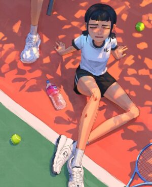Laura Price Instagram - PE class 🎾 my piece for the #kpopdemonhunters official art show at @gallerynucleus! this is a 16x20” giclée print (20x24” frame) with hand painted details (rumi’s patterns are iridescent)! I wanted to draw the girls in an anime high school AU, but a sports fest episode. swipe for Huxley size reference #kdh